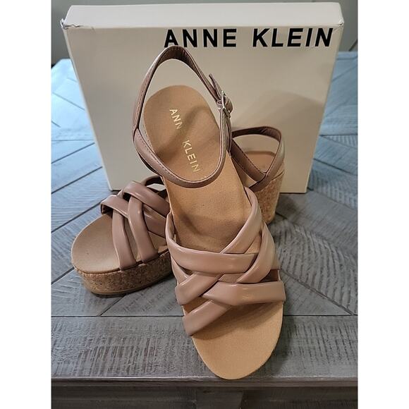 Anne Klein Akvinette Wedge Cork Heel Tan Micro Suede Sandals NIB - Picture 1 of 8